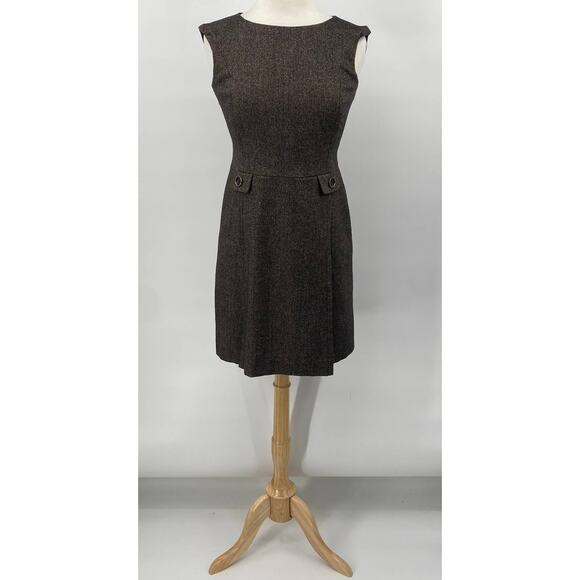 Ann Taylor Shift Dress Front Button Pleats Virgin Wool Brown Petite Womens 4P - Picture 2 of 10